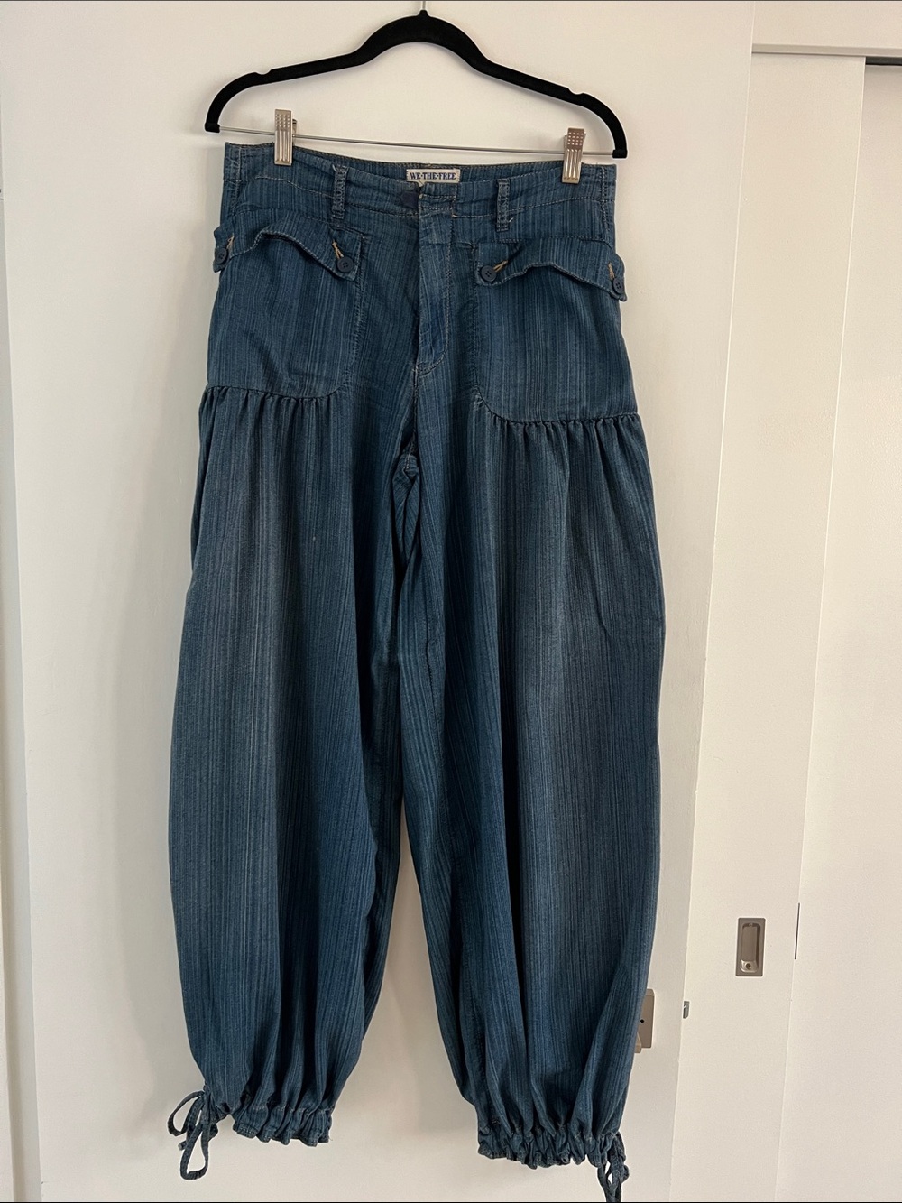 Free People Blue Wide-Leg Gathered Hem Jeans